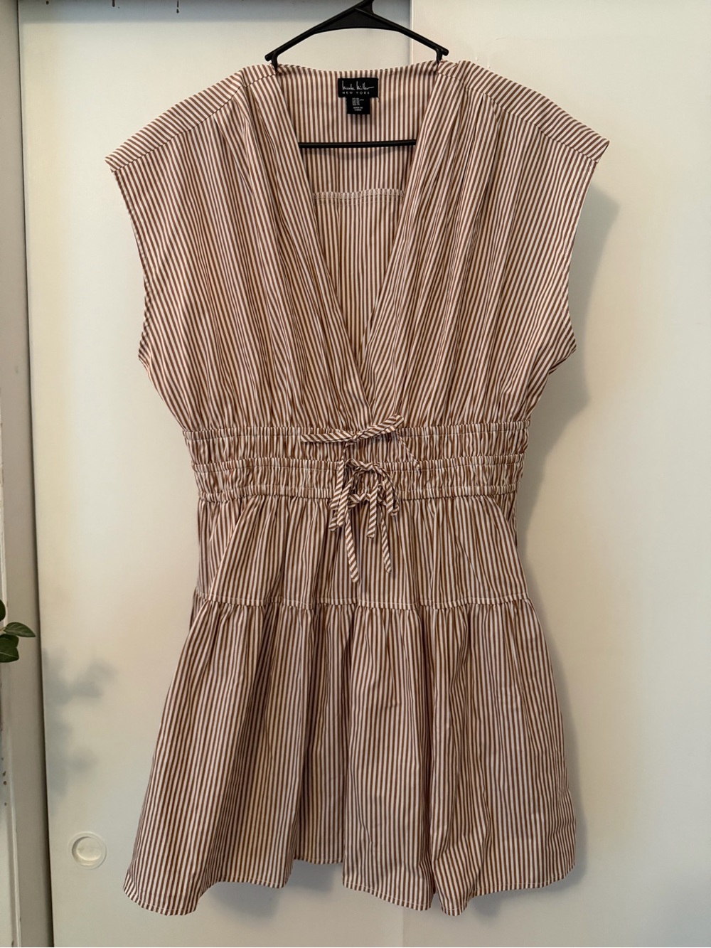 Nicole Miller Brown and White Striped V-Neck Smocked Waist Tunic